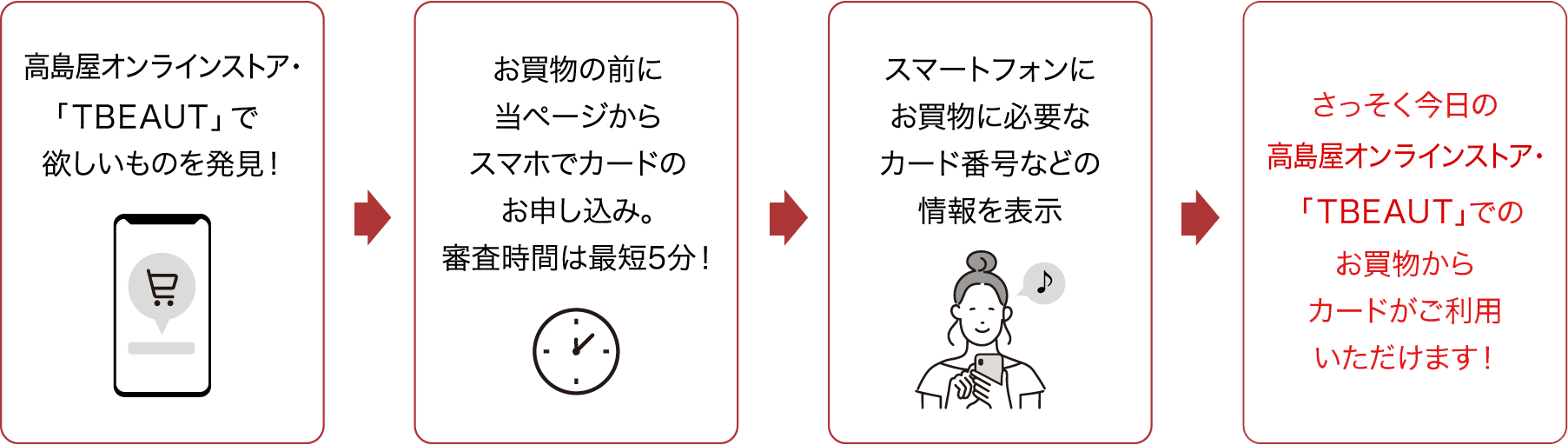 高島屋オンラインストア・「TBEAUT」で欲しいもの発見！ お買物の前に当ページからスマホでカードのお申し込み。審査時間は最短5分！ スマートフォンにお買物に必要なカード番号などの情報を表示 さっそく今日の高島屋オンラインストア・「TBEAUT」でのお買物からカードがご利用いただけます！