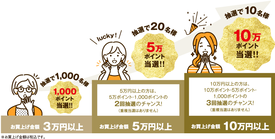 お買い上げ金額3万円以上 抽選で1,000名様 1,000ポイント当選!! お買い上げ金額5万円以上 抽選で20名様 50,000ポイント当選!! お買い上げ金額10万円以上 抽選で10名様 100,000ポイント当選!!