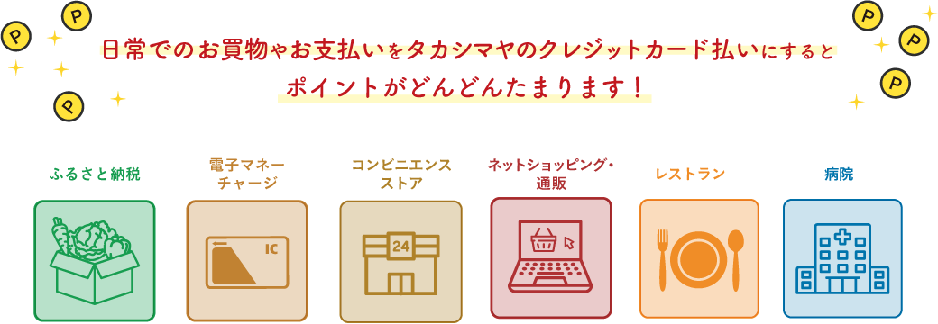 日常でのお買物やお支払いをタカシマヤのクレジットカードにするとポイントがどんどんたまります！