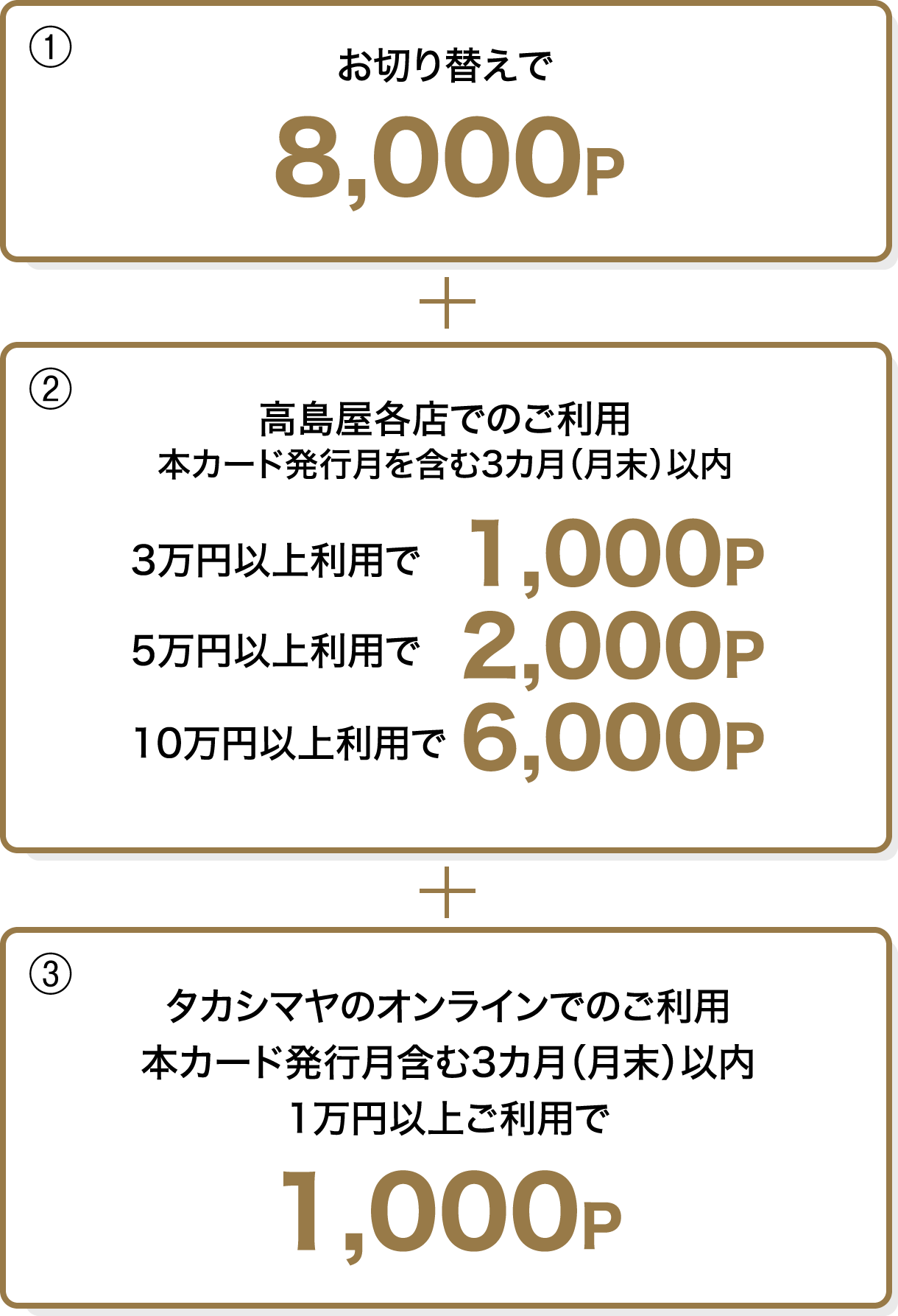 1 お切り替えで8,000P 2 高島屋各店でのご利用 本カード発行月を含む3カ月（月末）以内 3万円以上利用で1,000P 5万円以上利用で2,000P 10万円以上利用で6,000P 3 タカシマヤのオンラインでのご利用本カード発行月含む3カ月（月末）以内1万円以上ご利用で1,000P