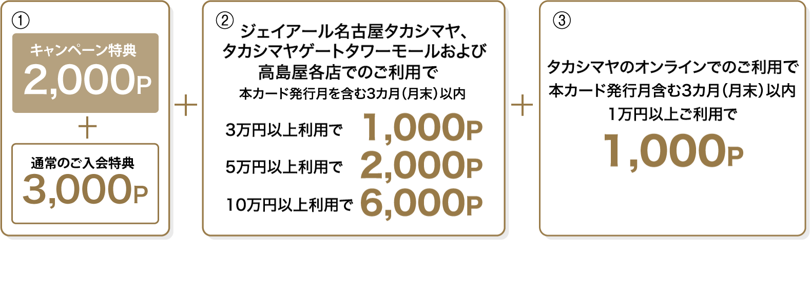 1 お切り替えで5,000P 2 ジェイアール名古屋タカシマヤ、タカシマヤゲートタワーモールおよび高島屋各店でのご利用本カード発行月を含む3カ月（月末）以内 3万円以上利用で1,000P 5万円以上利用で2,000P 10万円以上利用で6,000P 3 タカシマヤのオンラインでのご利用本カード発行月含む3カ月（月末）以内1万円以上ご利用で1,000P