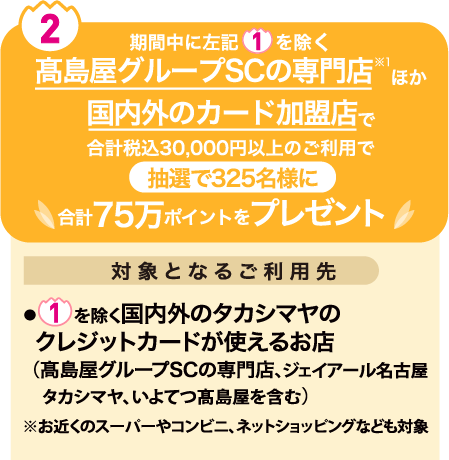 ② 期間中に左記①を除く高島屋グループSCの専門店※1 ほか国内外のカード加盟店で合計税込30,000円以上のご利用で抽選で325名様に合計75万ポイントをプレゼント　対象となるご利用先　①を除く国内外のタカシマヤのクレジットカードが使えるお店（高島屋グループSCの専門店、ジェイアール名古屋タカシマヤ、いよてつ高島屋を含む）　※お近くのスーパーやコンビニ、ネットショッピングなども対象