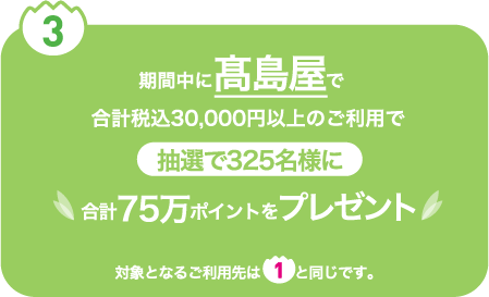 ③ 期間中に高島屋で合計税込30,000円以上のご利用で抽選で325名様に合計75万ポイントをプレゼント　対象となるご利用先は①と同じです。