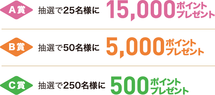 A賞　抽選で25名様に15,000ポイントプレゼント / B賞　抽選で50名様に5,000ポイントプレゼント / C賞　抽選で250名様に500ポイントプレゼント