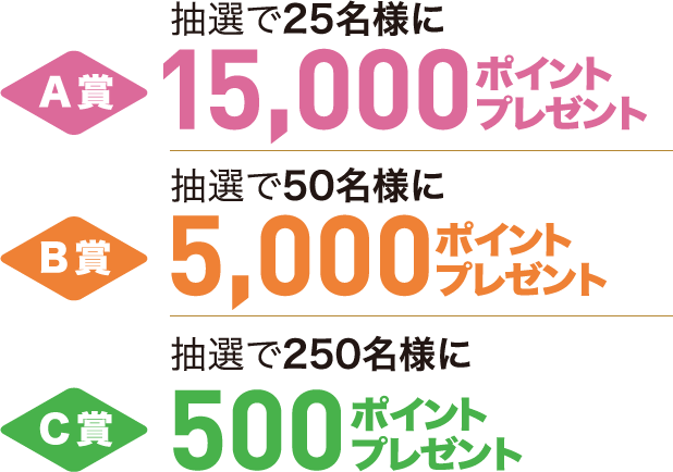 A賞　抽選で25名様に15,000ポイントプレゼント / B賞　抽選で50名様に5,000ポイントプレゼント / C賞　抽選で250名様に500ポイントプレゼント