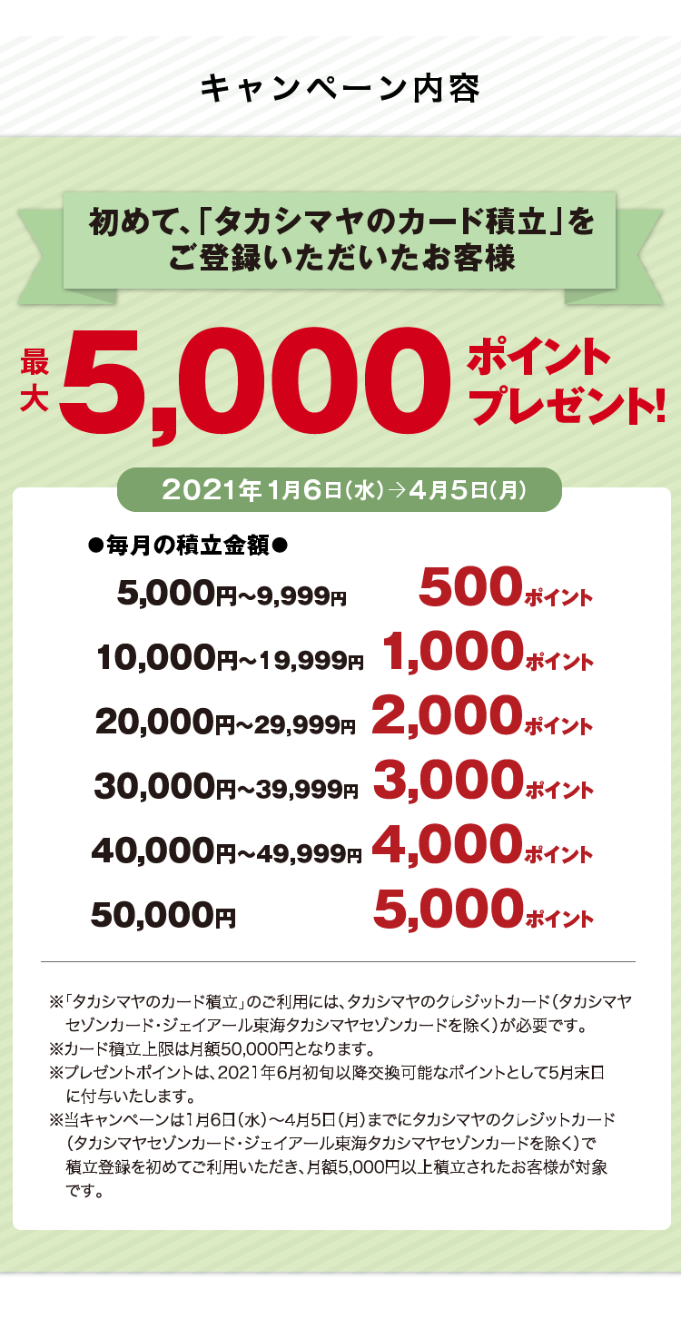 キャンペーン内容　初めて、「タカシマヤのカード積立」をご登録いただいたお客様　最大5,000ポイントプレゼント! 2021年1月6日（水）→ 4月5日（月）