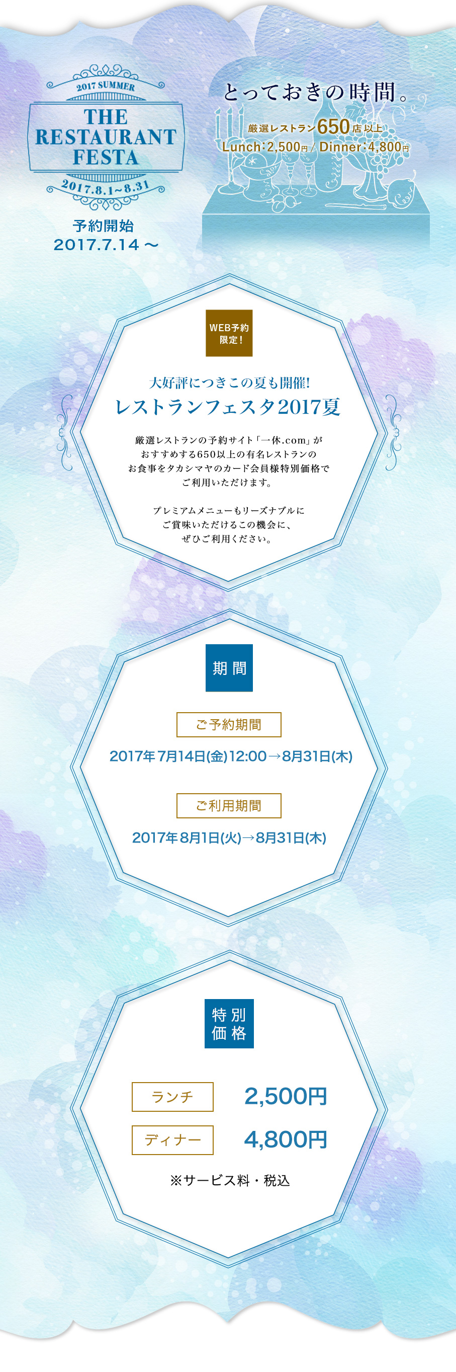 2017 SUMMER THE RESTAURANT FESTA 大好評につきこの夏も開催!レストランフェスタ2017夏厳選レストランの予約サイト「一休.com」がおすすめする650以上の有名レストランのお食事をタカシマヤのカード会員様特別価格でご利用いただけます。プレミアムメニューもリーズナブルにご賞味いただけるこの機会に、ぜひご利用ください。ご予約期間/2017年7月14日(金)12:00→8月31日(木)　ご利用期間/2017年8月1日(火)→8月31日(木)　ランチ2,500円、ディナー4,800円