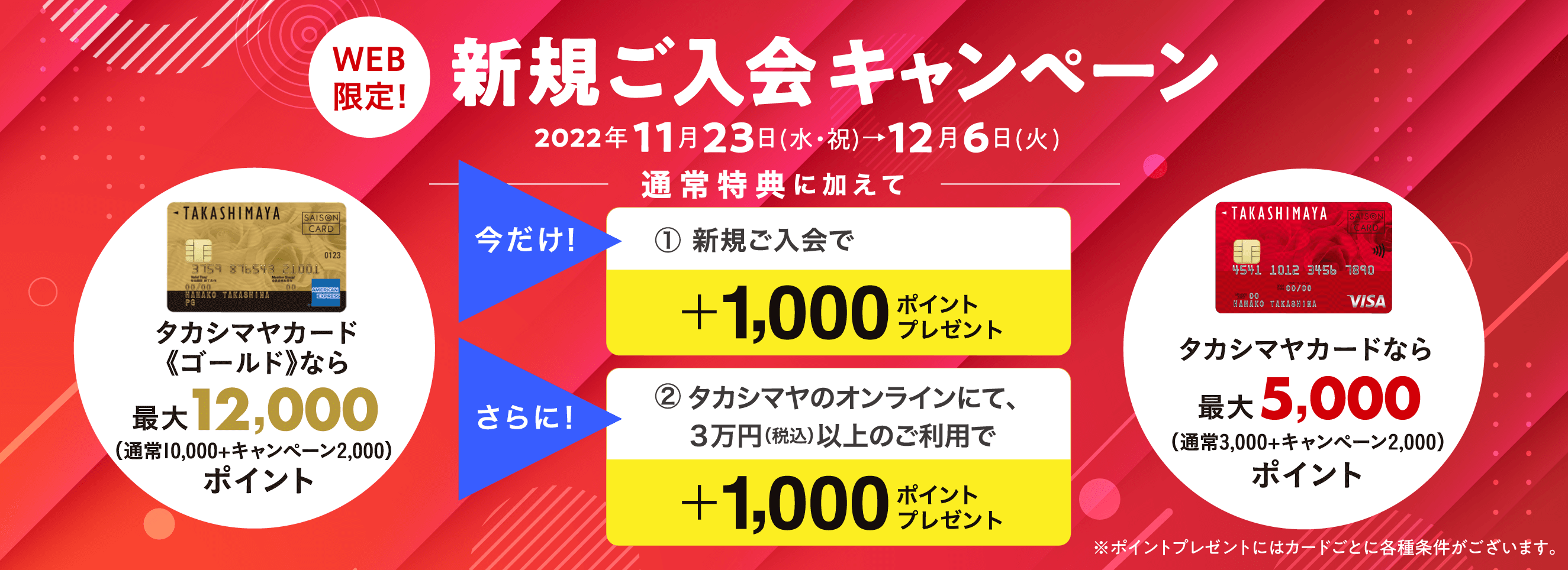 WEB限定！　新規ご入会キャンペーン　2022年11月23日(水・祝)→12月6日(火)　通常特典に加えて　今だけ！1.新規ご入会で＋1,000ポイントをプレゼント！　さらに！2.タカシマヤのオンラインにて、３万円（税込）以上のご利用で＋1,000ポイントをプレゼント！　タカシマヤカード《ゴールド》なら最大12,000ポイント/タカシマヤカードなら最大5,000ポイント