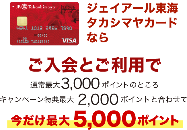 ジェイアール東海タカシマヤカードならご入会とご利用で通常最大3,000ポイントのところキャンペーン特典最大2,000ポイントと合わせて今だけ最大5,000ポイント