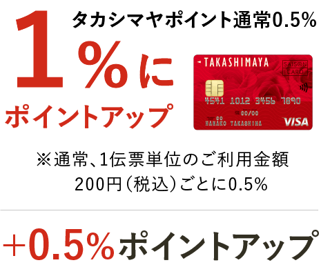 タカシマヤポイント通常0.5% 1%にポイントアップ ※通常1伝票単位のご利用金額 200円（税込）ごとに0.5%　＋0.5%ポイントアップ