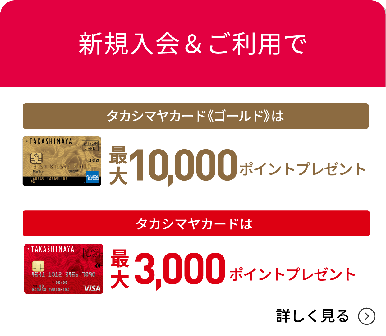 新規入会＆ご利用で　タカシマヤカード《ゴールド》は最大10,000ポイントプレゼント/タカシマヤカードは最大3,000ポイントプレゼント