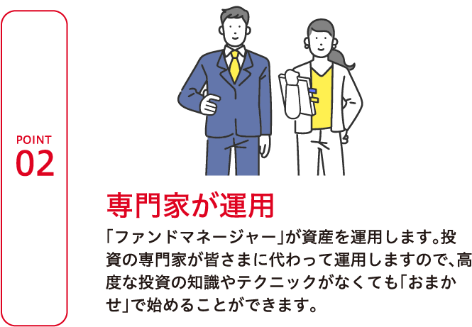 POINT2 専門家が運用 「ファンドマネージャー」が資産の運用をします。投資の専門家が皆さまに代わって運用しますので、高度な投資の知識やテクニックがなくても「おまかせ」で始めることができます。