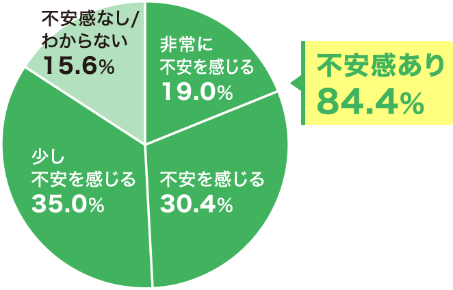 非常に不安を感じる 19.0％ 不安を感じる 30.4％ 少し不安を感じる 35.0％ 不安感なし/わからない 15.6％ 不安感あり 84.4％