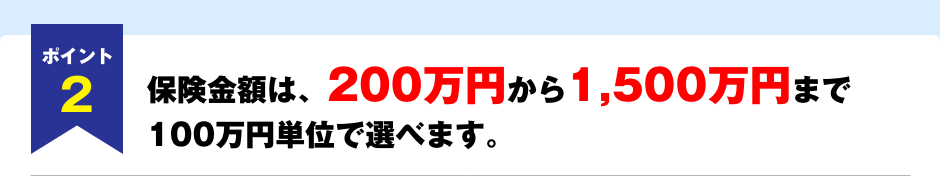 ポイント2　保険金額は、200万円から1,500万円まで100万円単位で選べます。