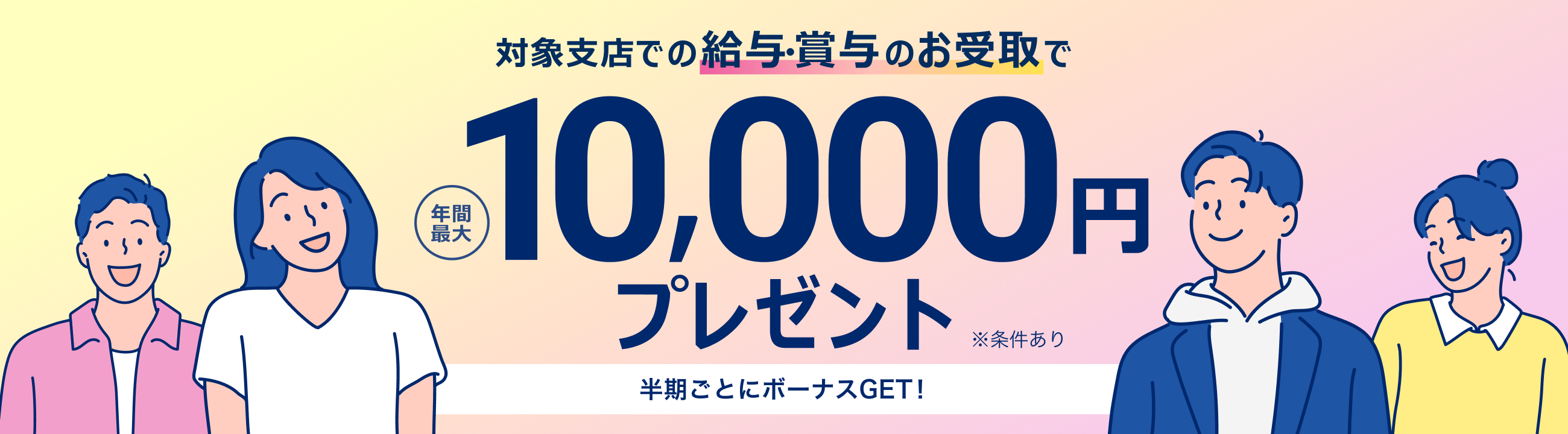 対象支店での給与・賞与のお受取で年間最大10,000円プレゼント※条件あり